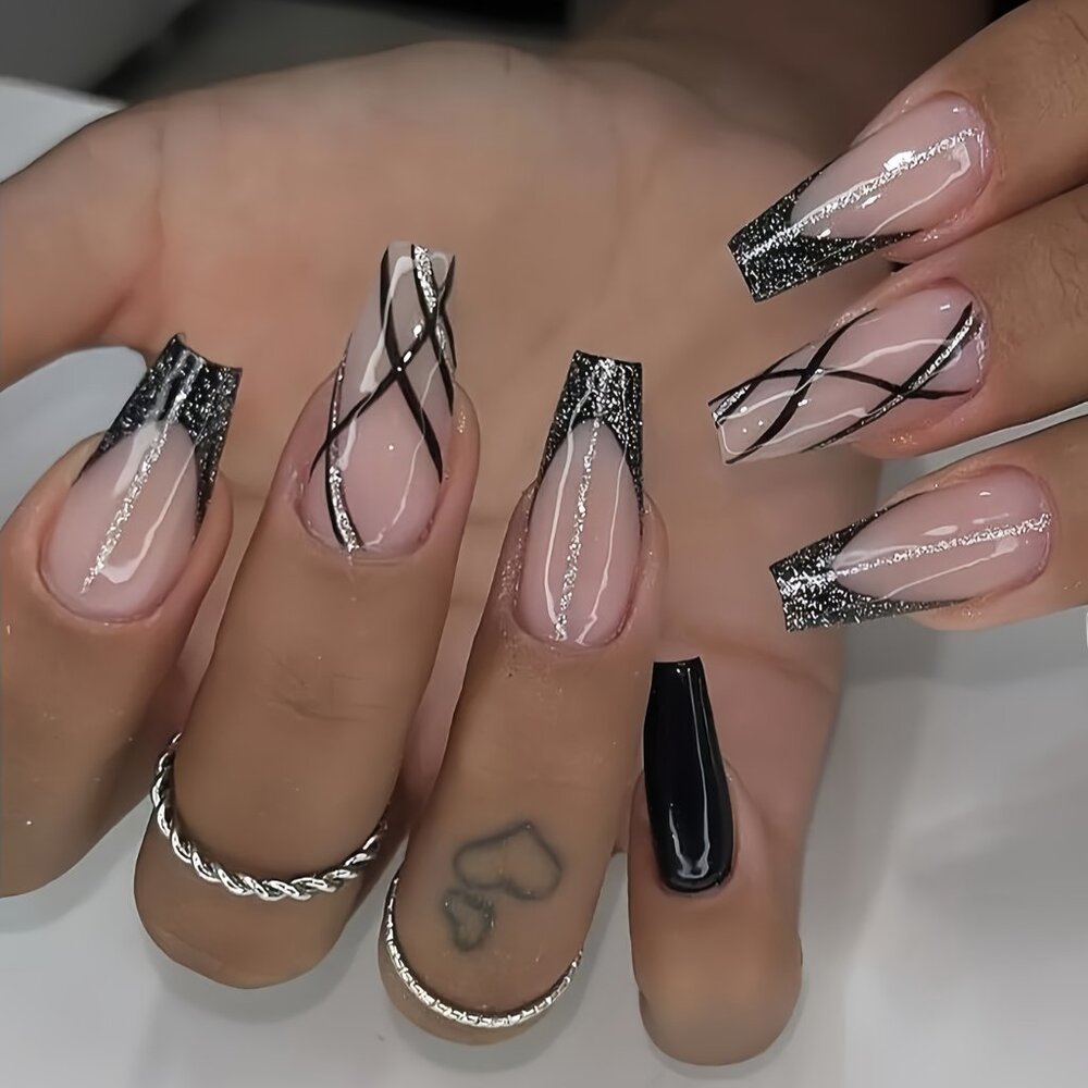 24pcs Glossy Black & Pink French Tip Press-On Nails with Glitter Accents, Square